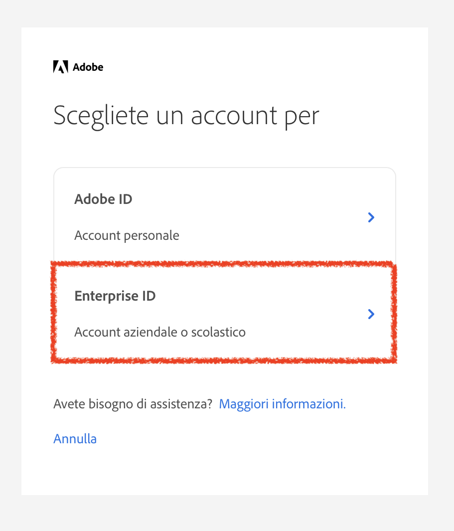 Schermata di selezione del tipo di accesso