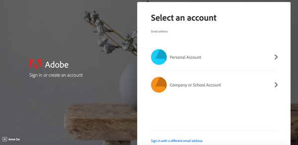 Adobe - Schermata di scelta della tipologia di account