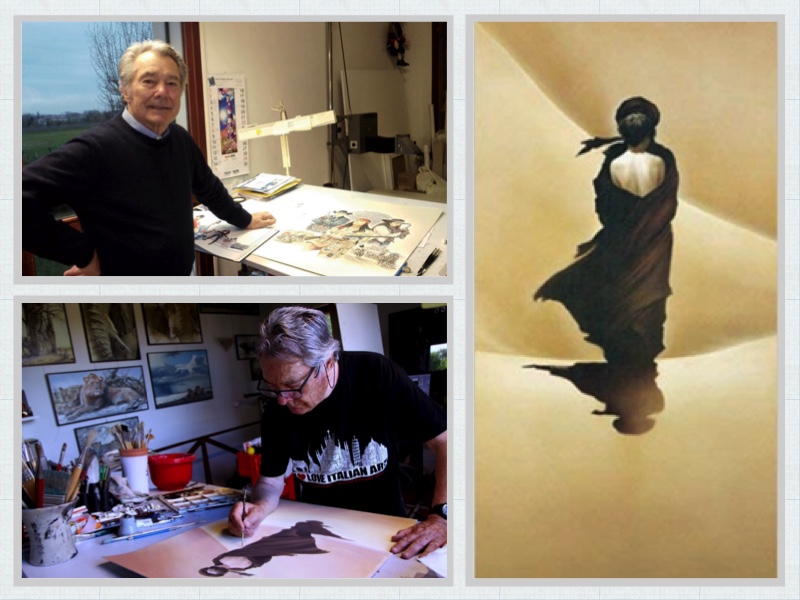 L'immagine è un collage di tre fotografie che ritraggono Renato Casaro, celebre cartellonista cinematografico. Nella foto in alto a sinistra, Casaro, un uomo anziano dai capelli grigi, è in piedi accanto al suo tavolo da lavoro in un ambiente luminoso con una grande finestra che mostra il paesaggio esterno. Indossa un maglione scuro sopra una camicia chiara e appoggia una mano su alcuni dei suoi disegni. Nella foto in basso a sinistra, Casaro è concentrato mentre dipinge. Indossa una maglietta nera con la scritta 'I Love Italian Art'. È seduto al suo tavolo da lavoro, circondato da pennelli, barattoli e illustrazioni alle pareti. A destra, una delle sue opere più famose: un dipinto raffigurante una figura avvolta in un mantello scuro, che cammina solitaria tra le dune del deserto. L’ombra allungata sulla sabbia enfatizza il contrasto tra la luce dorata e il mistero della figura.